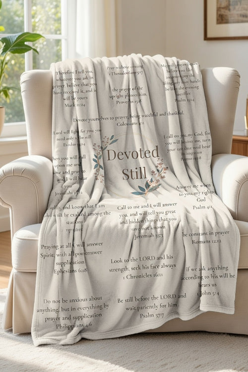 Devoted Still Velveteen Plush Blanket — Floral Scripture Quote Throw